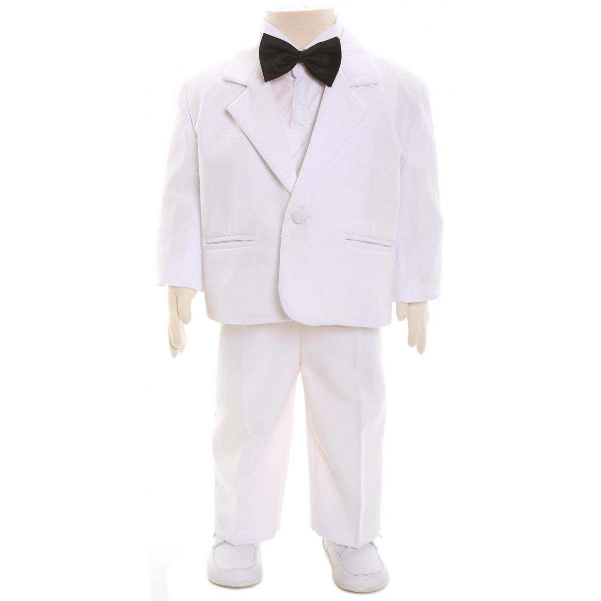 Baby boys white suit set with black bow tie 5 piece Cachet Kids