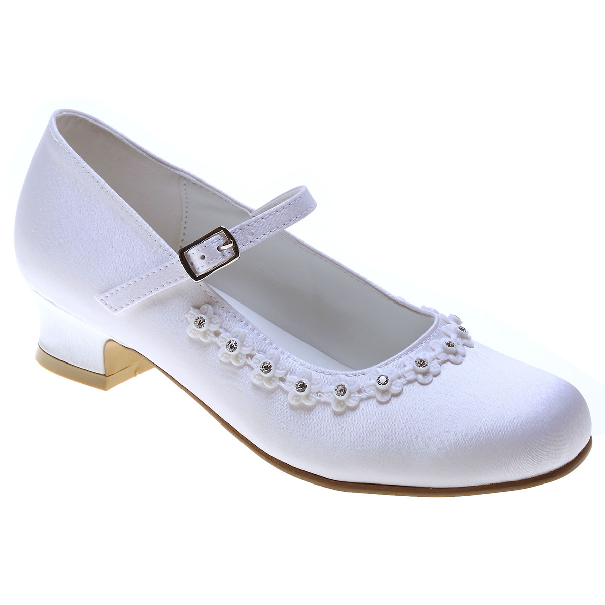 Girls White Satin Shoes With a Rim of Diamantes For First