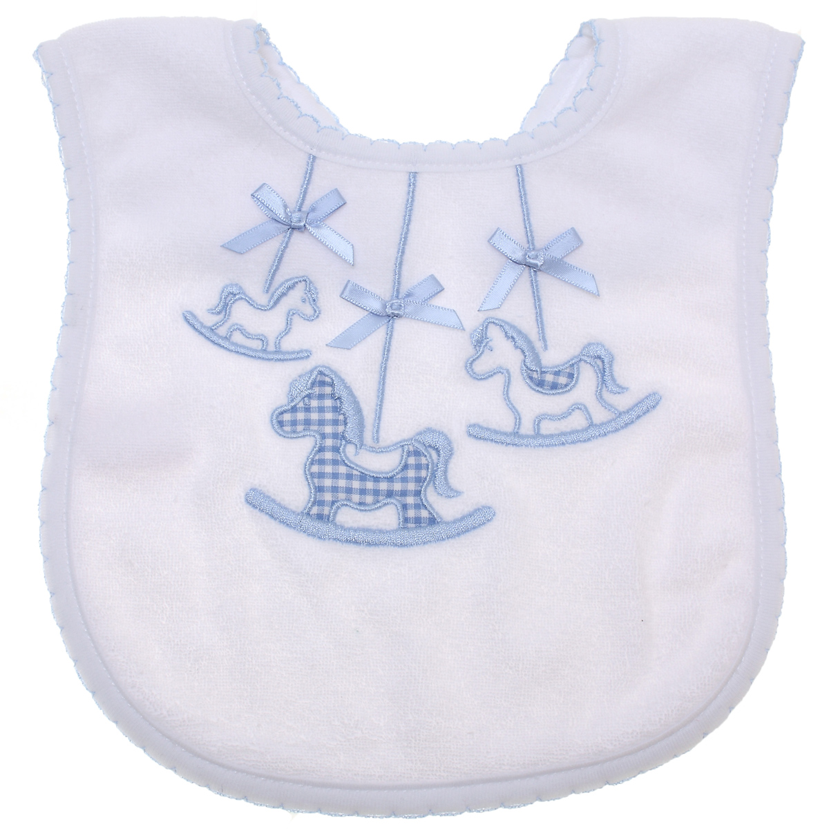 Baby White Bib With Blue Horses Decoration Cachet Kids