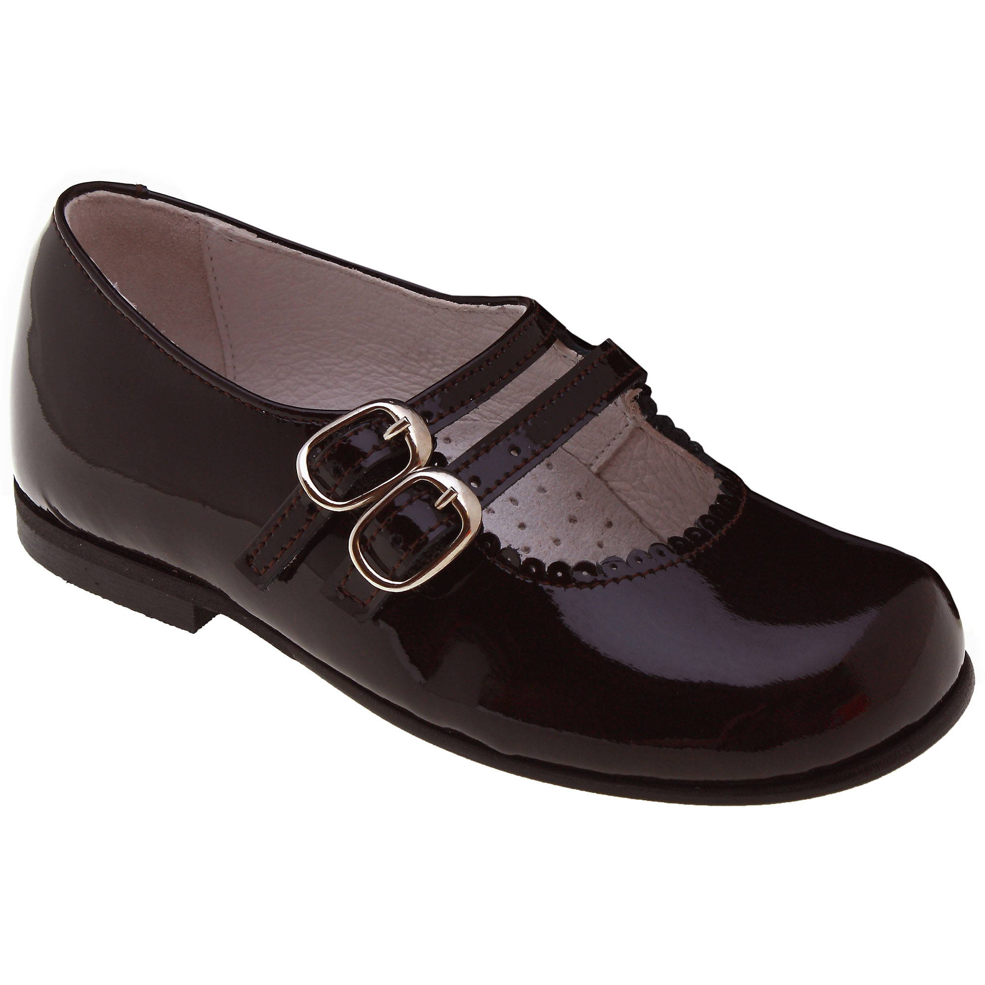 Girls Dark Brown Patent Shoes Leather Double Straps Mary