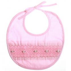 Hand smocked pink bib with embroidery and checked pattern