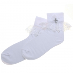 Girls White Communion Socks In Rose Lace And Bow With A Cross