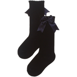 Girls Knee High Black Socks Double Satin Bow Decoration