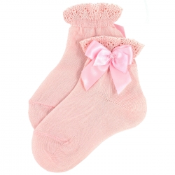 Girls Ankle High Pink Socks With Frills And Satin Bows