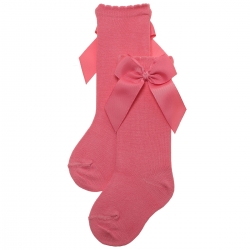 Coral Colour Girls Knee High Gros Grain Bow Socks