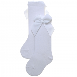 Girls Knee High Gros Grain White Bow Socks