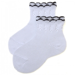 Baby White Socks Navy Scallop Edge