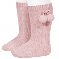 Condor Baby Girls Knee High Pom Pom Ribbed Pink Socks