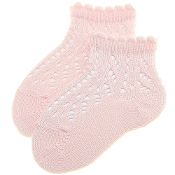 Girls Openwork Pink Short Ankle Socks With Scallop