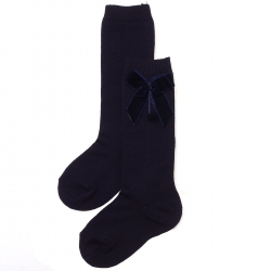 Girls Navy Knee High Velvet Bow Socks Spanish Socks