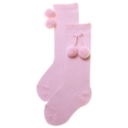 Girls Pink Knee High Pom Pom Socks For Spring Summer