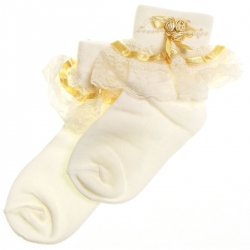 Girls frilly ivory socks gold lace and rosebuds