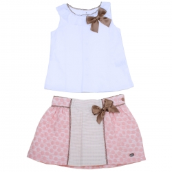 Dolce Petit Spring Summer Girls White Top Pink Polka Dots Skirt Set Choco Bows