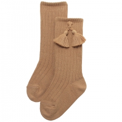 Caramel Brown Knee High Ribbed Socks With Tassels For Boys And Girls