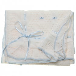 White Shawl With Blue Embroideries Ribbons And Edge