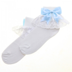 Frilly Lace Girls White Socks With Blue Bow