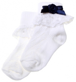 Frilly lace cotton rich girl white socks with navy rosebud and bow