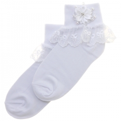 Girls White Communion Socks With Bow Lace Flower Diamante Beads And Pearls