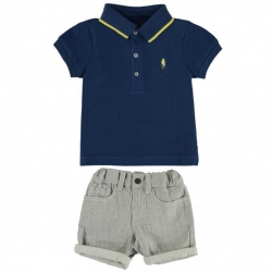 Mayoral Baby Boys Spring Summer Navy Polo Grey Stripes Shorts Set