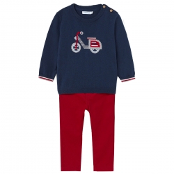 Mayoral Autumn Winter Baby Boys Navy Vespa Knitted Top Red Trousers Set