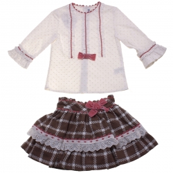 Miranda Girls Ivory Blouse Choco Brown Skirt Outfit Dusky Pink Bows