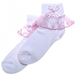 Belle Lace Frilly Socks In White With Pink Lace Trim