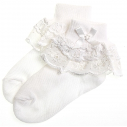 Cascade flower embroidered frilly socks in white