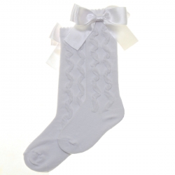 Girls Knee High Ruffle Pattern White Bow Socks
