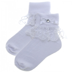Girls White Jewel Lace Socks With Bow And Diamante