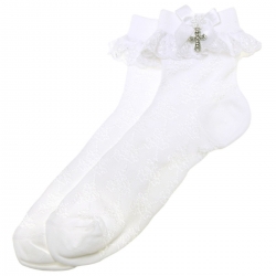 Communion Socks In Daisy Lace Decorated With A Cross