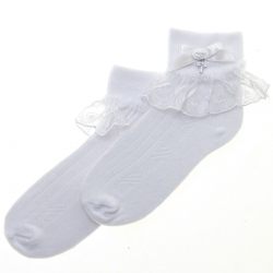 Girls White Swirl Lace Bow Communion Socks With A Cross