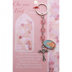 Communion Gift Keyring in Pink Beads