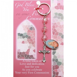 Communion Gift Keyring With Pink Beads