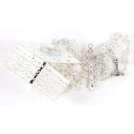 Beautiful First Communion Gift Silver Rosary In A Filigree Box #3