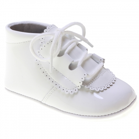 Lace Up Baby Boys White Patent Pram Shoes Spanish Made 100% Leather