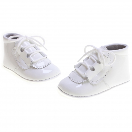 Lace Up Baby Boys White Patent Pram Shoes Spanish Made 100% Leather #2