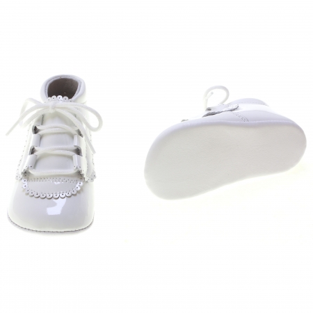 Lace Up Baby Boys White Patent Pram Shoes Spanish Made 100% Leather #3