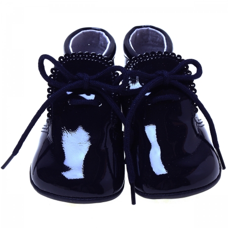 Beautiful Baby Boys Navy Patent Pram Shoes Scallop Edge #3