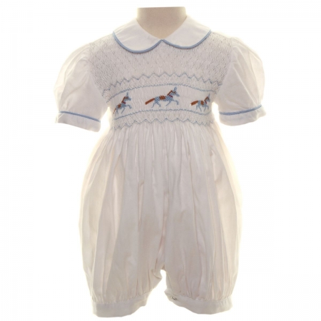 Hand Smocked White Romper With Horses Embroidery
