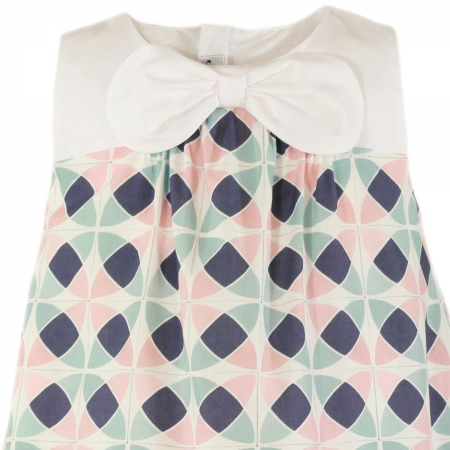 Miranda Spring Summer Girls A Line Dress In Pink Green Navy Pattern With White Bow #2