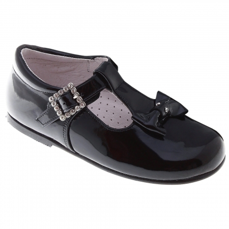 Patent Leather Bows T Bar Design Girls Black Shoes