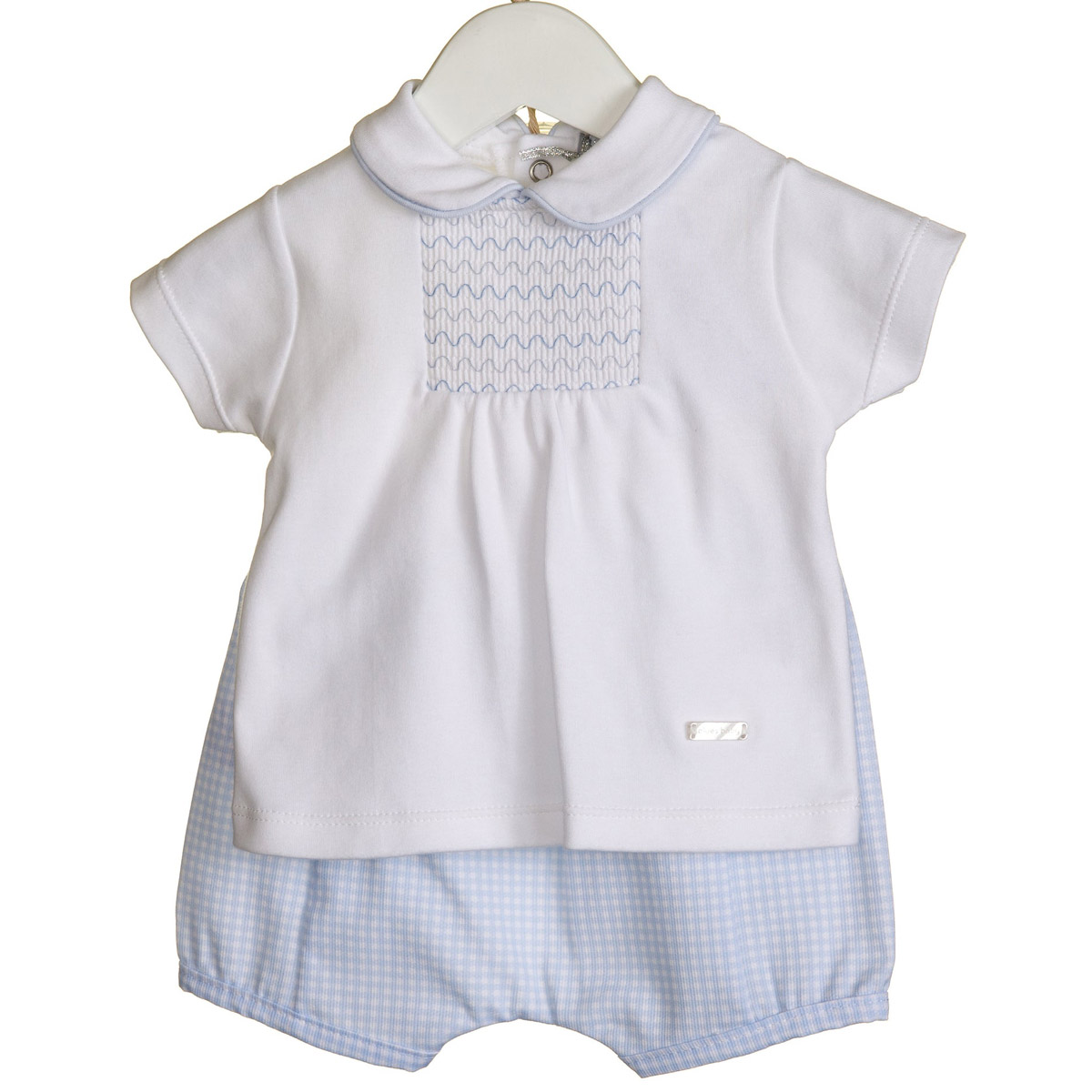 Blues Babywear Baby Boys White Top Smocking Patch Blue Gingham Shorts Set