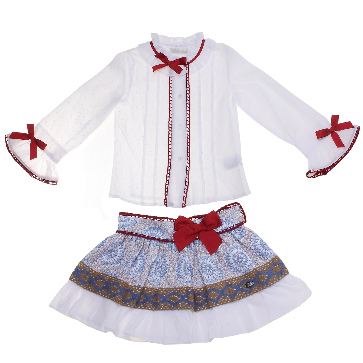 Spanish Dolce Petit Girls White Blouse And Blue Pattern Skirt Set Decorated  By Red Bows And Caramel Brown Lace