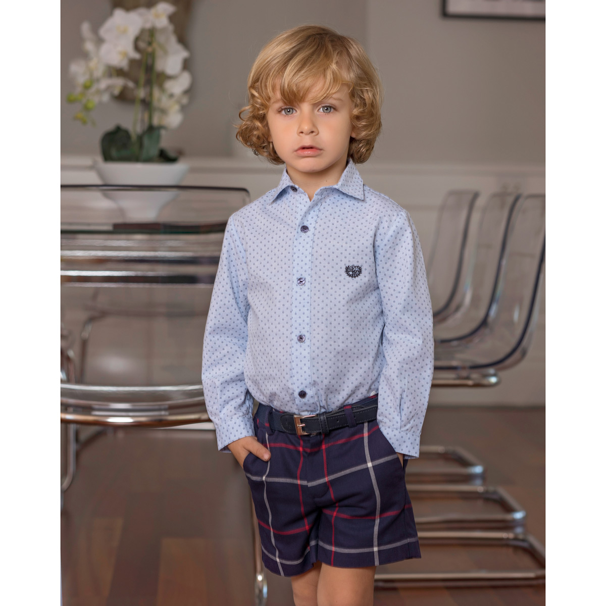 Dolce Petit 2019 Autumn Winter Boys Blue Shirt Navy Check Shorts With Belt  Outfit Style 26-2213-23
