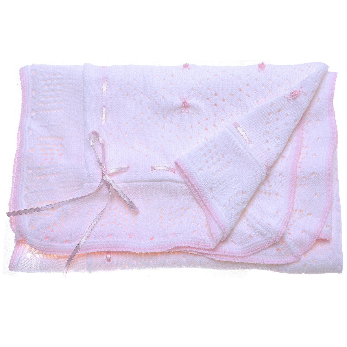Portuguese Baby Girls White Shawl With Pink Ribbon And Pink Embroideries Decorations