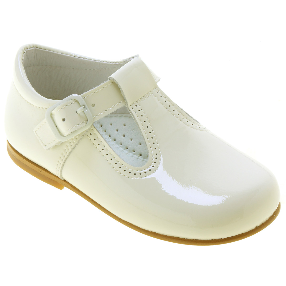 Boys And Girls T Bar Design Ivory Patent Shoes Made In Spain