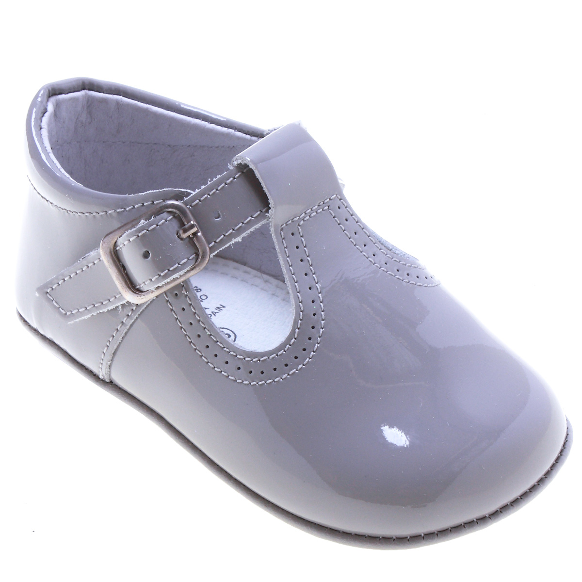 Baby Grey T-Bar Patent Leather Pram Shoes