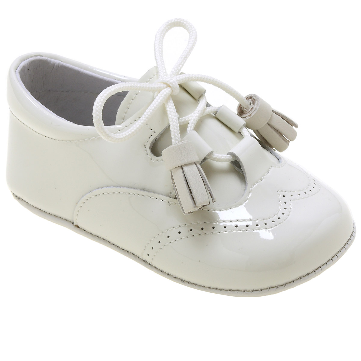 Baby Boys Ivory Patent Pram Shoes With Tassel Laces | Cachet Kids