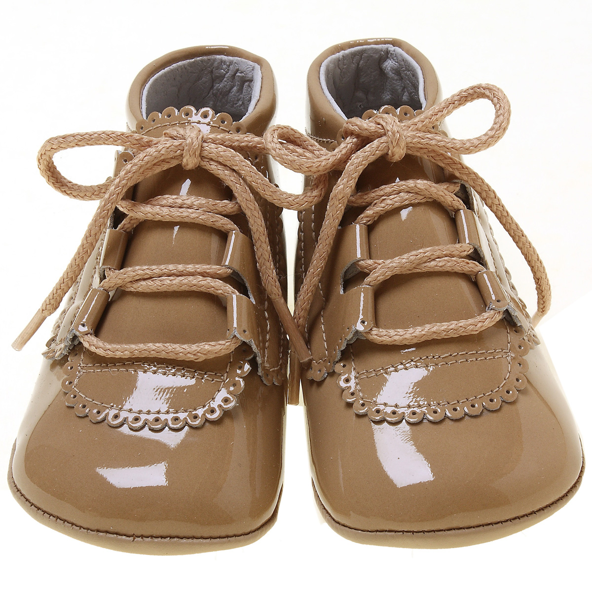 Baby Boy Caramel Brown Patent Leather Pram Shoes Scallop