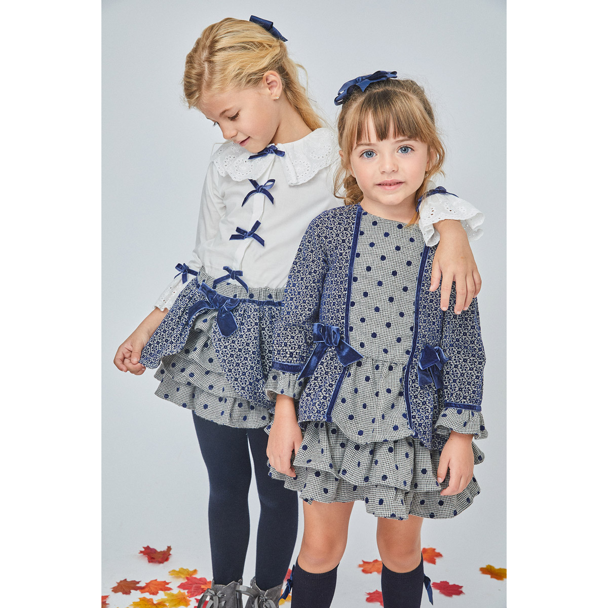 Made In Spain Girls Navy Grey Ruffle Dress With Navy Bows By Newness